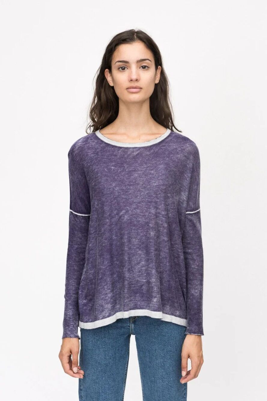 Kokun Overdyed Boxy Crew Sweater Bamboo Cashmere Distressed in Fig XS/S